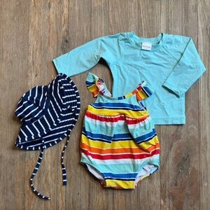 Hanna Andersson Rainbow Baby Swim Set swimsuit, Rash guard, Hat, 3-6M